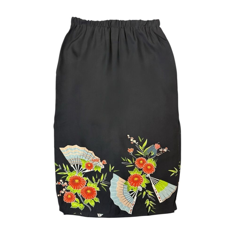 Black Silk Side Slit Cherry Blossom + Fan Maxi Skirt Size Large